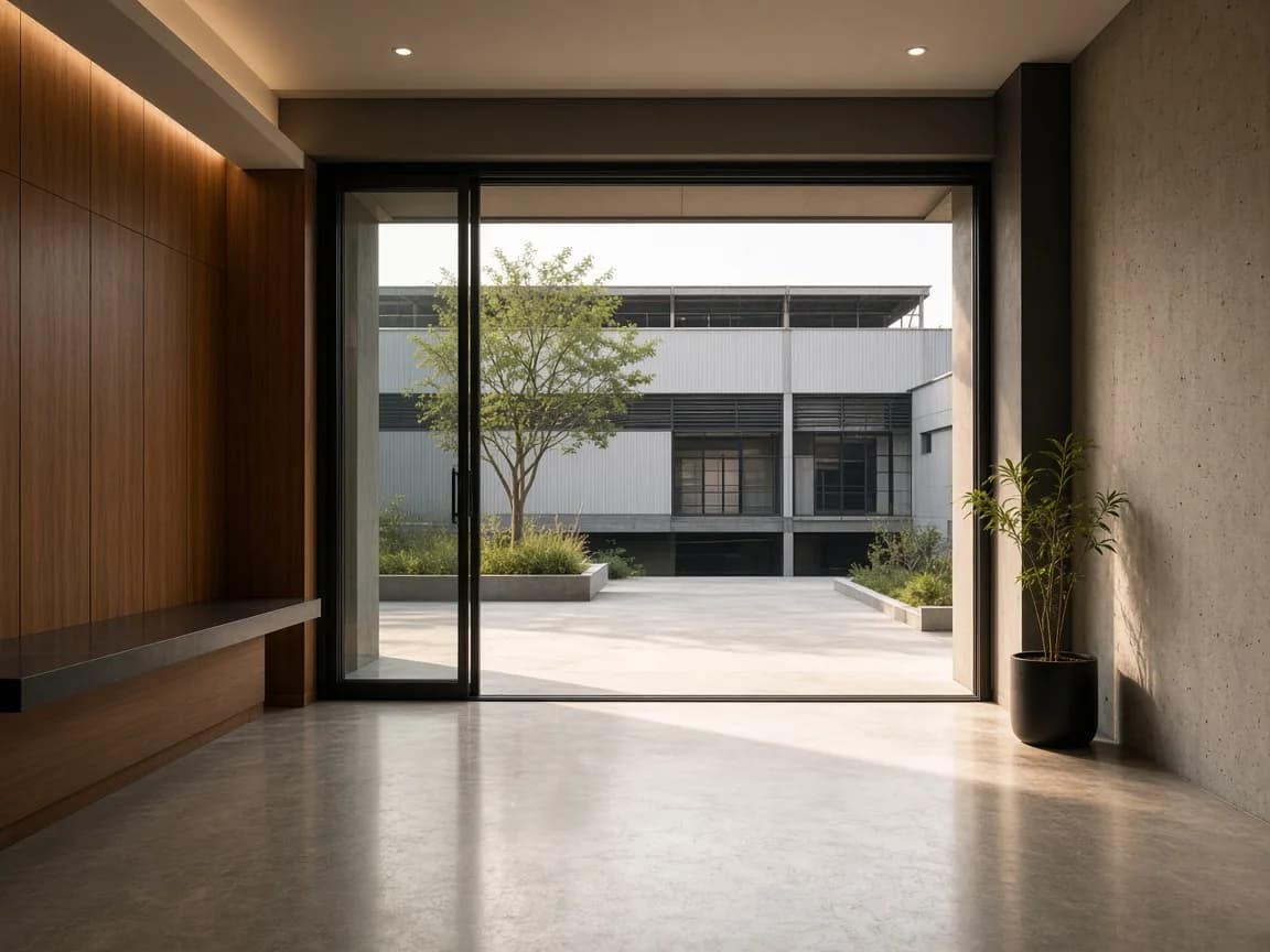 Quiet office and courtyard entrance in morning light.