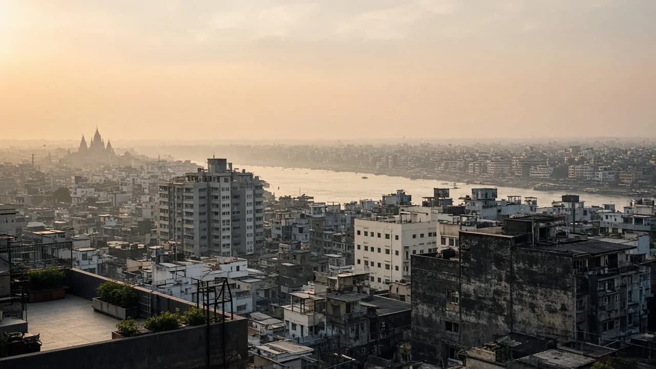 Indian city skyline in late afternoon haze.