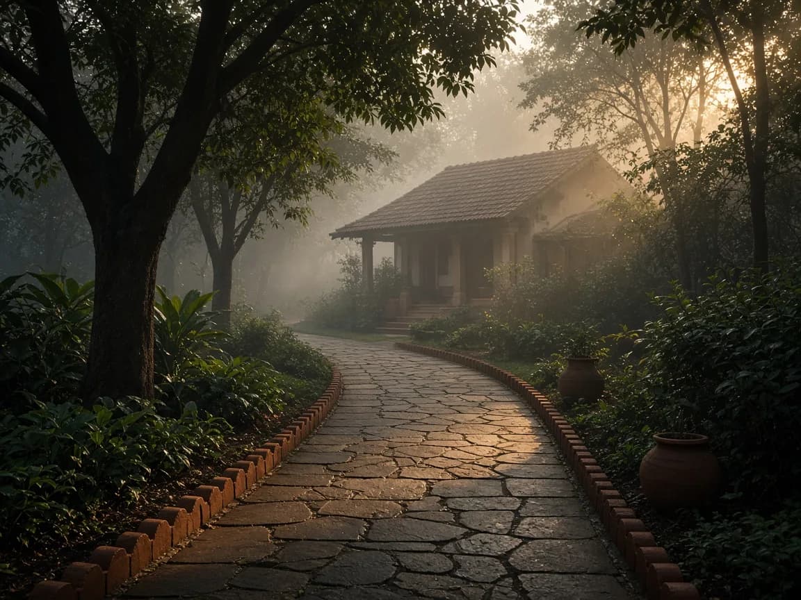 Stone path through a garden toward a family home.