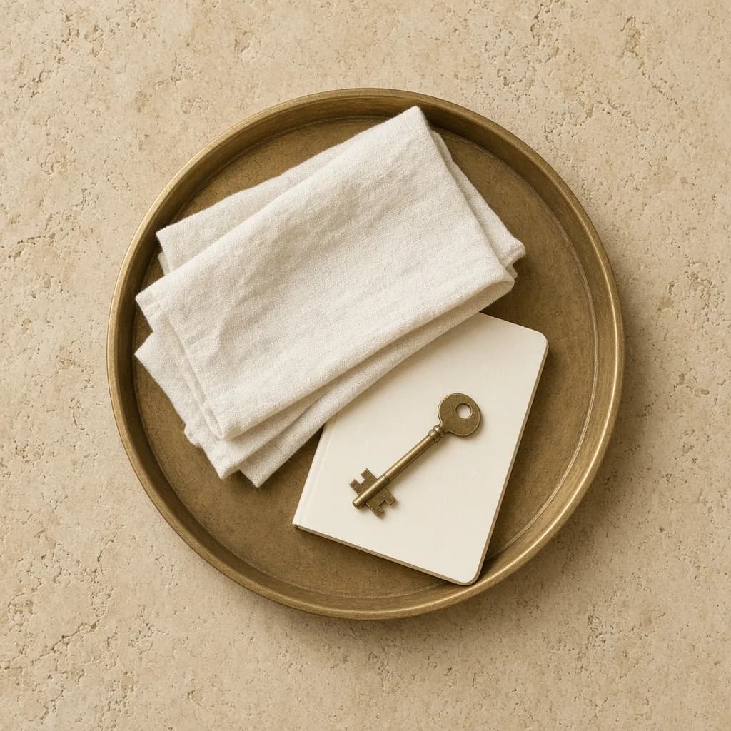 Notebook, key and linen arranged on warm stone.