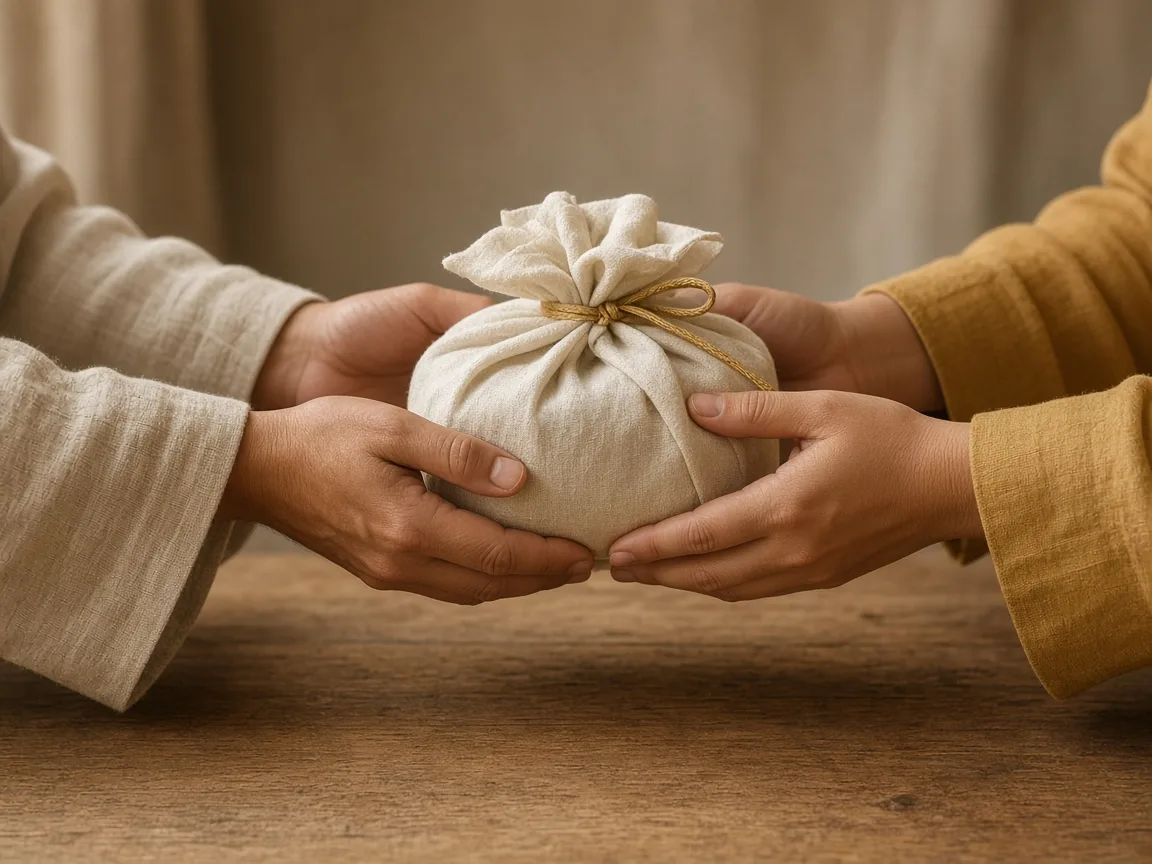 Hands exchanging a carefully wrapped parcel.